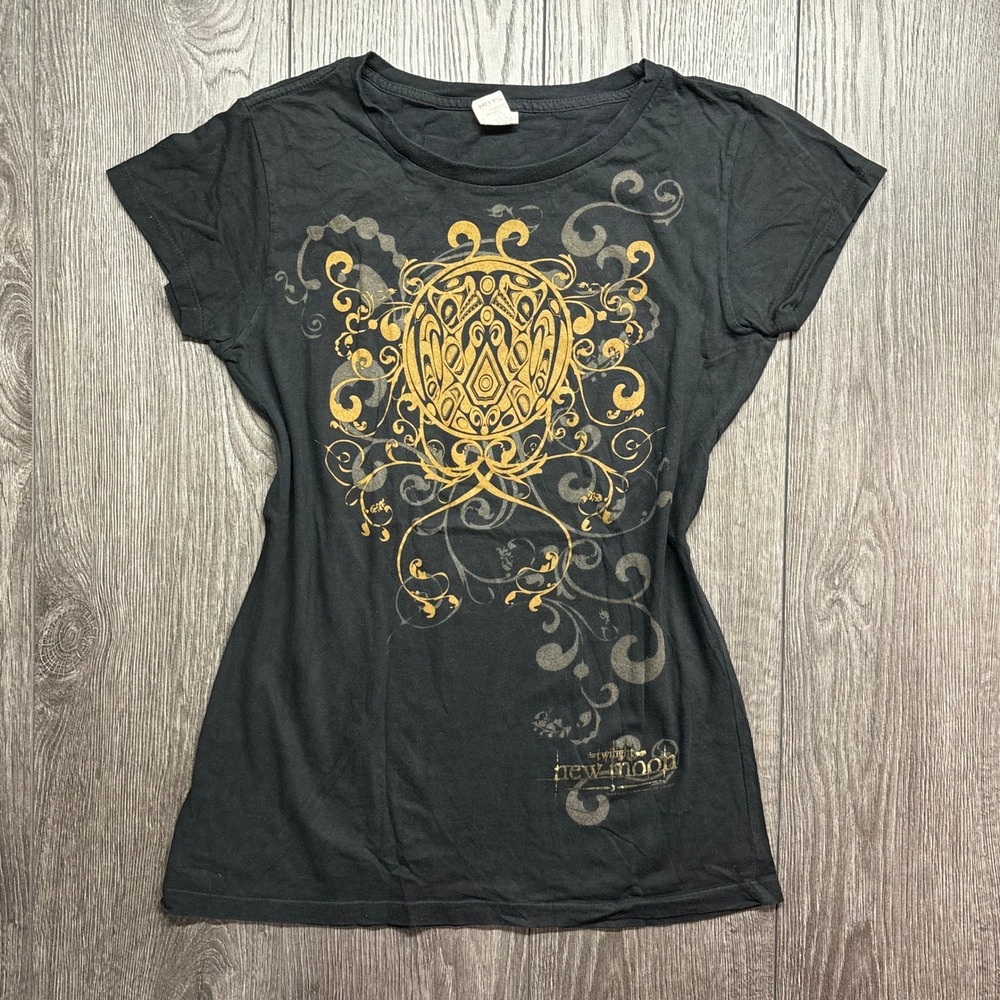 Twilight Saga New Moon Graphic Tee Black Gold Tribal Wolf Y2K Shirt XL